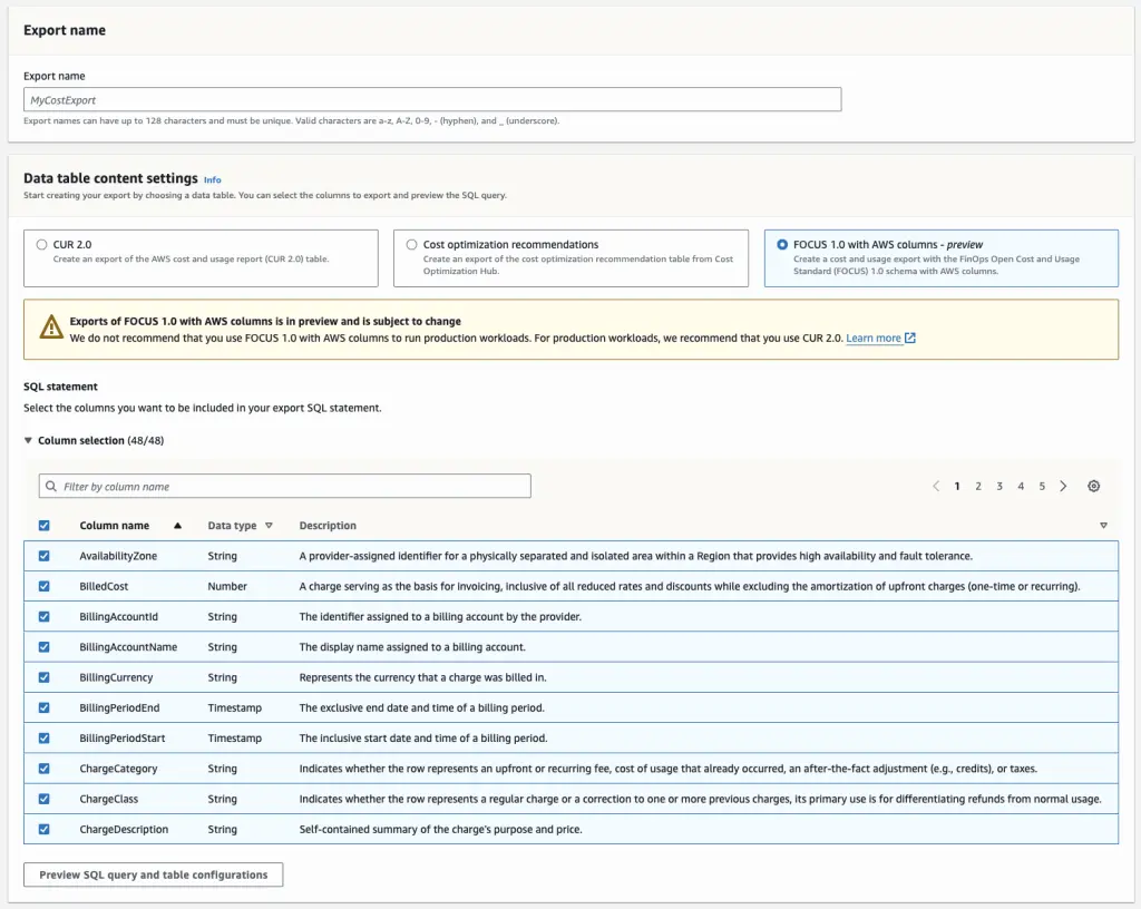 AWS FOCUS 导出界面