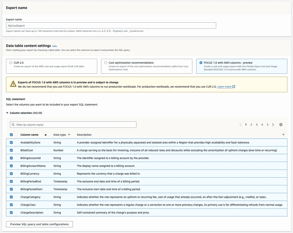 AWS 数据导出 FOCUS 配置示例 AWS FOCUS 导出界面
