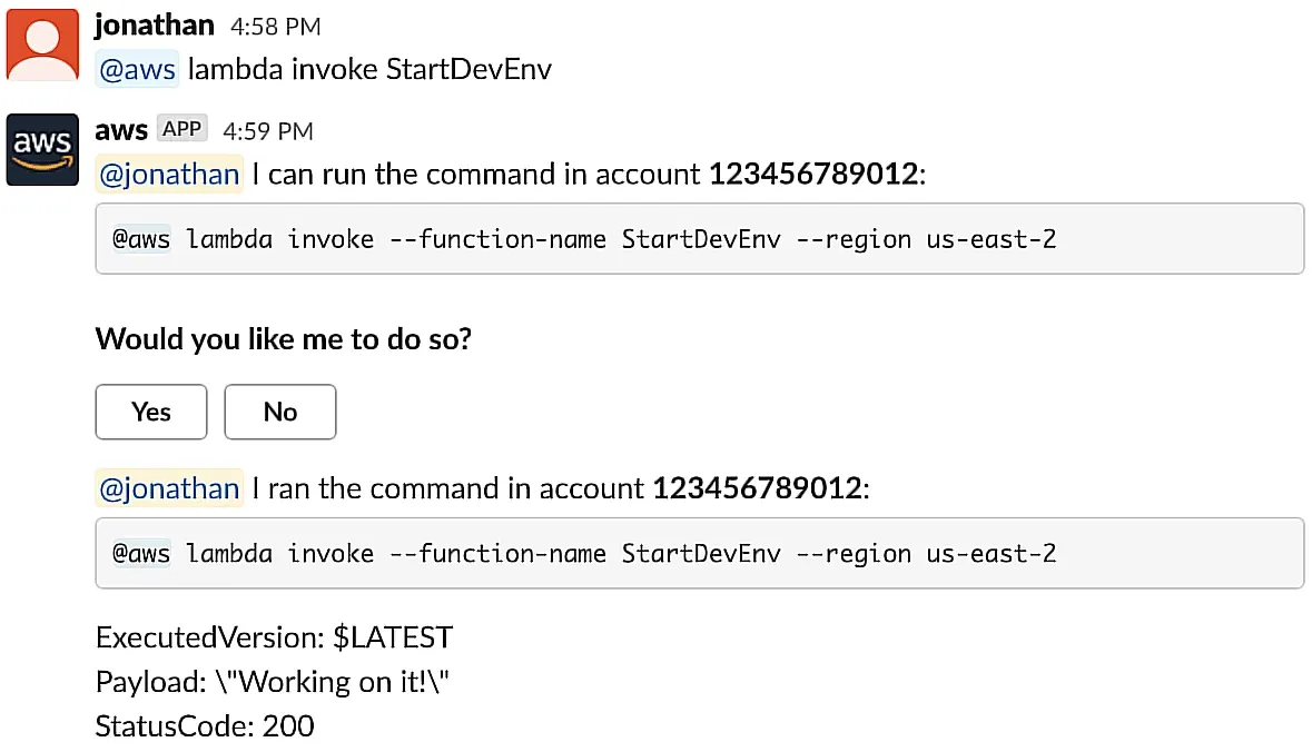 AWS Chatbot 在 Slack 中的工作示意 AWS Chatbot in Slack